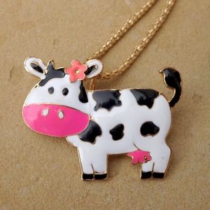 Country Kawaii Enamel Cow Pin Pendant Vegan Statement Necklace / Brooch